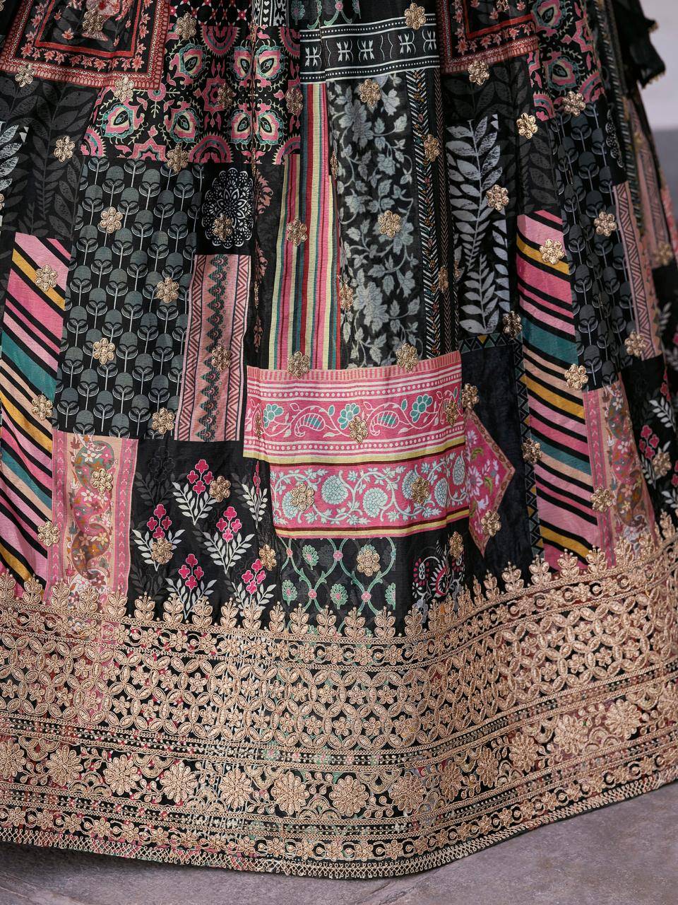 Queen Multicolor Chinnon Silk black Lehenga choli wholesale market